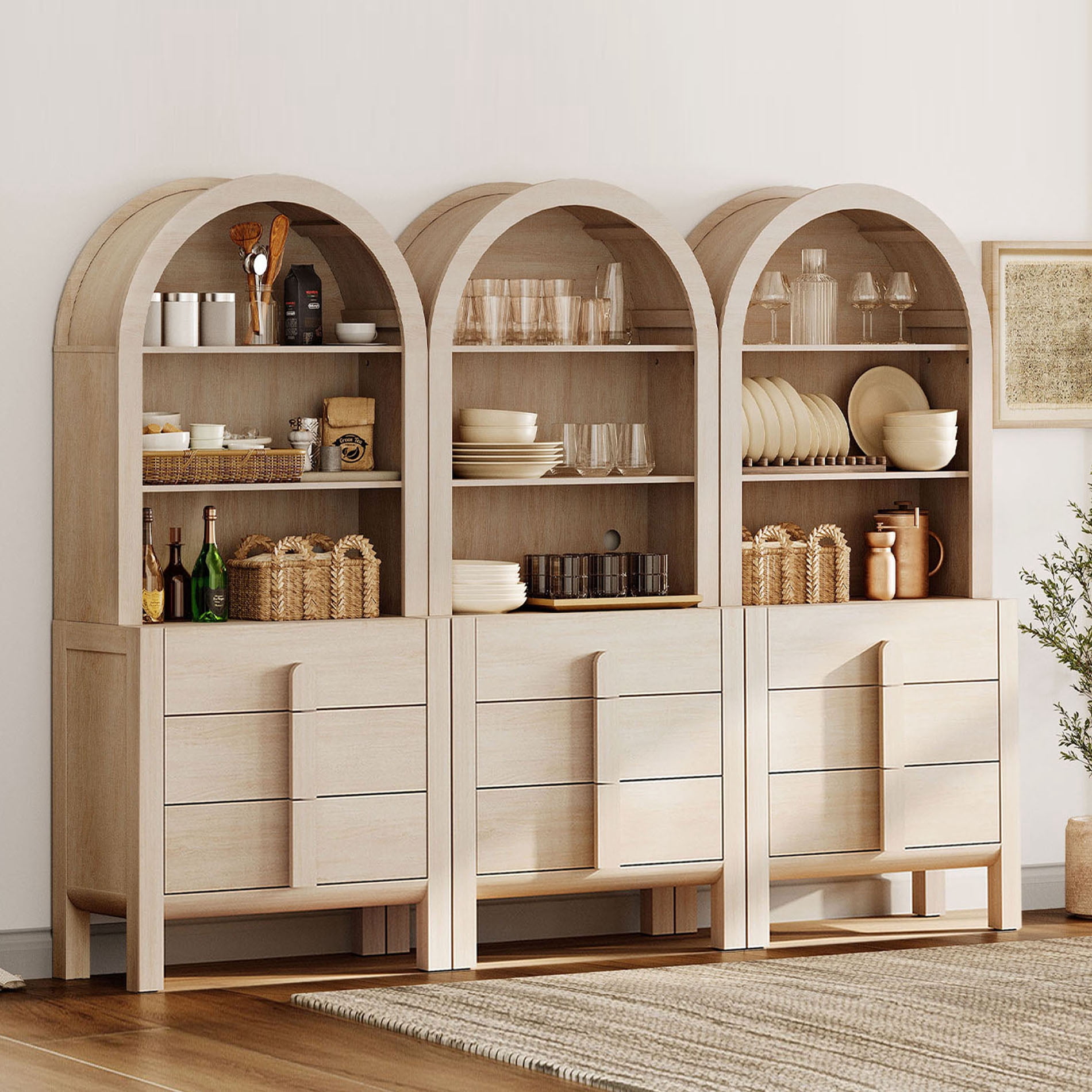 Mid-Century Modern 94.5" Sideboard Buffet Cabinet with Storage, 3-In-1 Wood Credenza with 9 Drawers and Shelves for Kitchen Living Room, Dining Room