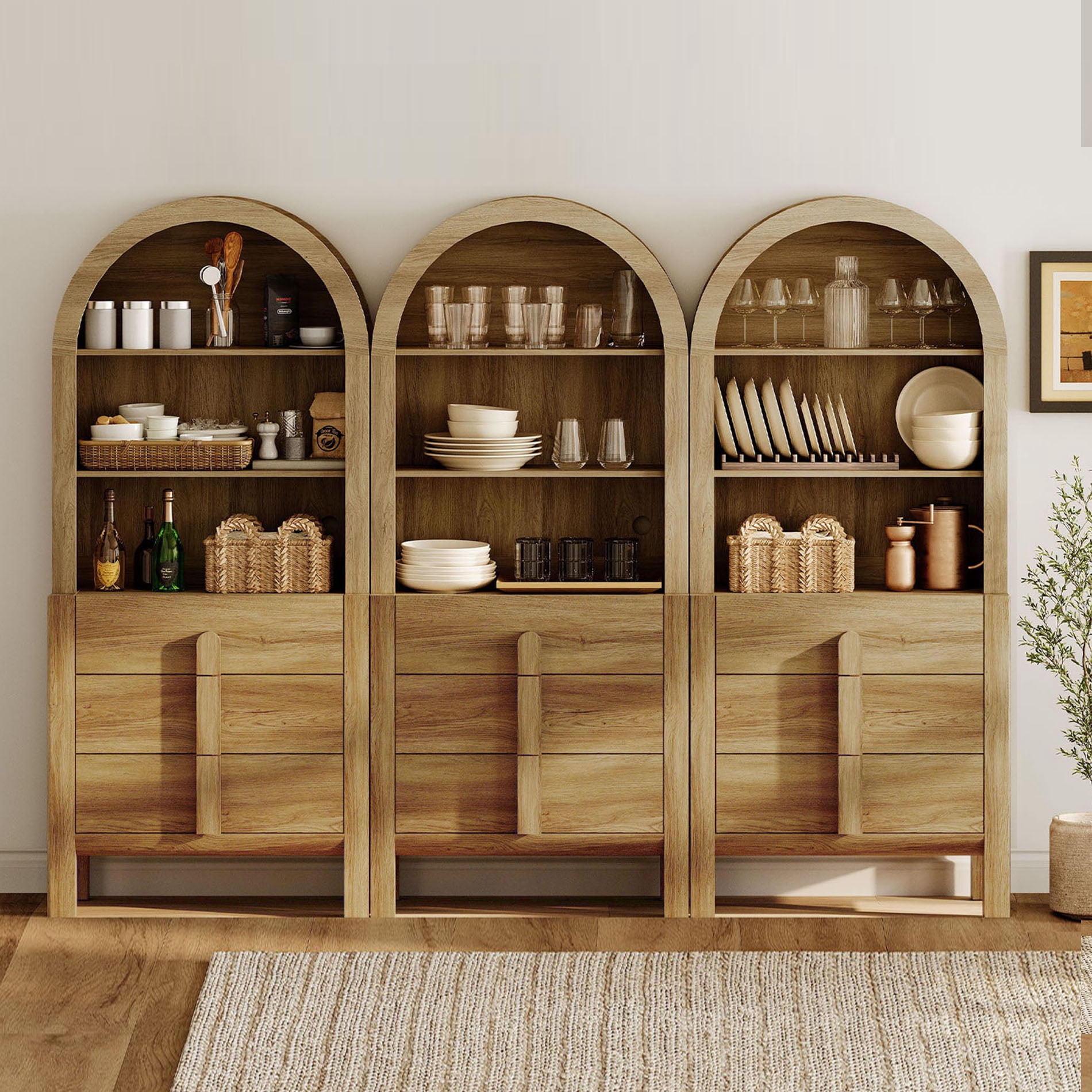 Mid-Century Modern 94.5" Sideboard Buffet Cabinet with Storage, 3-In-1 Wood Credenza with 9 Drawers and Shelves for Kitchen Living Room, Dining Room