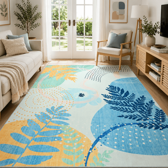 Mid-Century Modern Abstract Area Rug, Colorful Washable Low-Pile Decorative Carpet for Entryway Home Office,5'x8',Blue