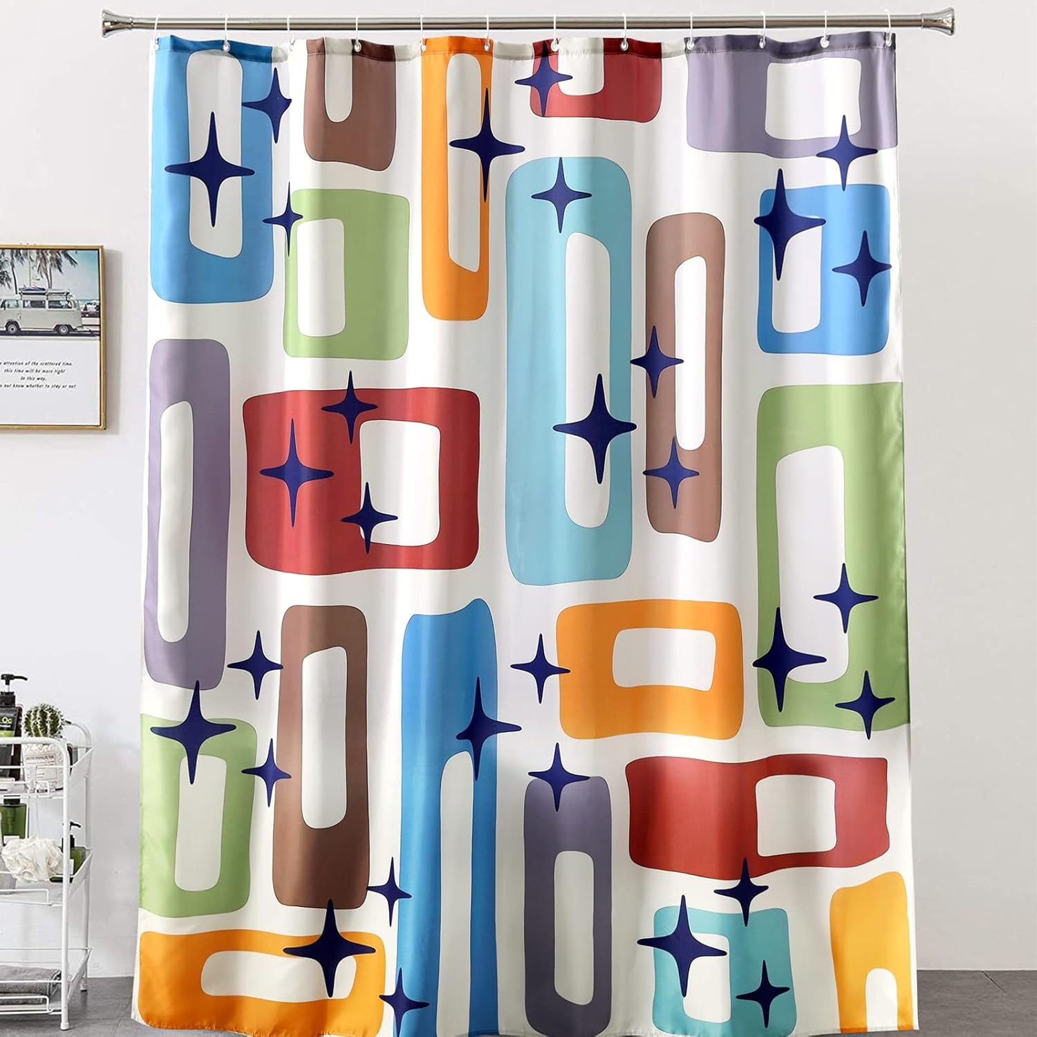 Mid Century Modern Abstract Fabric Shower Curtain Blue Orange 1960’s Old Fashioned Scandinavian Bathroom Decor Accessories Colorful Retro Geometric Shower Curtain Set with 12 Hooks, 72x72