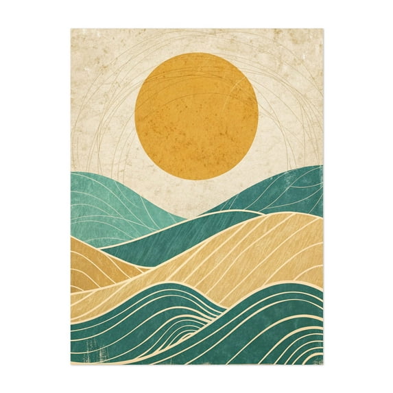 Mid-Century Modern Abstract Landscape with Sun and Terraced Hills - Illustration Abstract Geometric Sunset Minimalist Landscape Vintage Boho Unframed Wall Art Print 12 x 16 inches