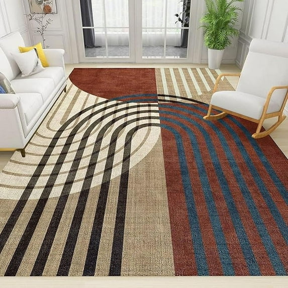 Modern Abstract Rainbow Area Rug, Retro Traditional Geometric Stripe Art Washable Carpet, Indoor Non-Slip Decorative Rug For Living Room Bedroom Dining Room Office 4 x 6ft