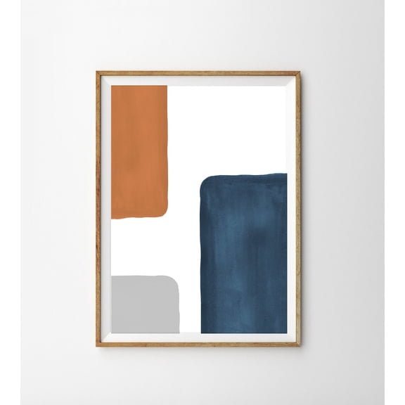 Mid Century Modern Abstract Terracotta Indigo Blue Wall Art Print, Elegant Modern Design Theme For Office And Gallery Wall Decor