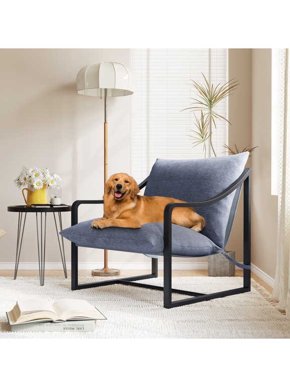 Mid-Century Modern Accent Arm Chair, Comfy Fabric Sling Living Room Chairs with Heavy Duty Metal Frame, Lounge Reading Armchair for Living Room Bedroom, Easy Assembly