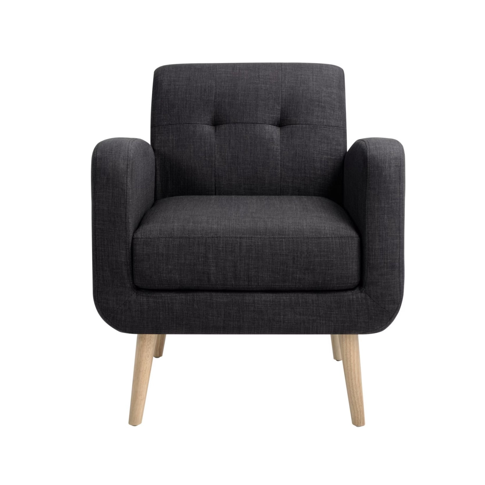 Mid-Century Modern Accent Armchair, Upholstered Fabric Living Room Chair with Deep Seat, Padded Arms & Rubber Wood Legs, Black