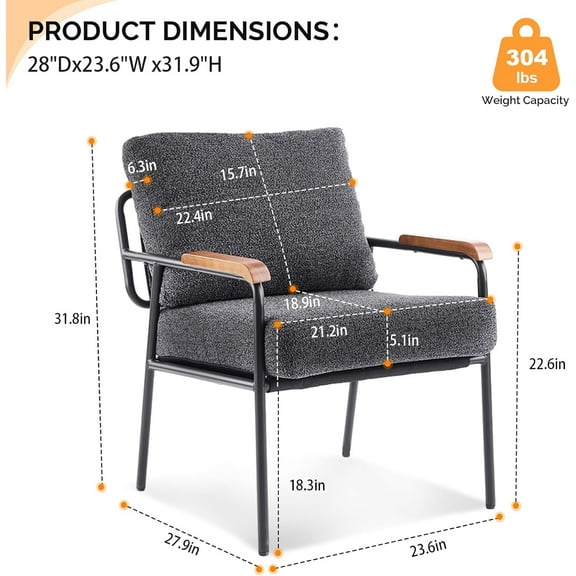 Mid-Century Modern Accent Armchiar for Small Space, Small Comfy Upholstered Leisure Reading Chair with Wood Armrest for Bedroom, Living Room, Waiting Room