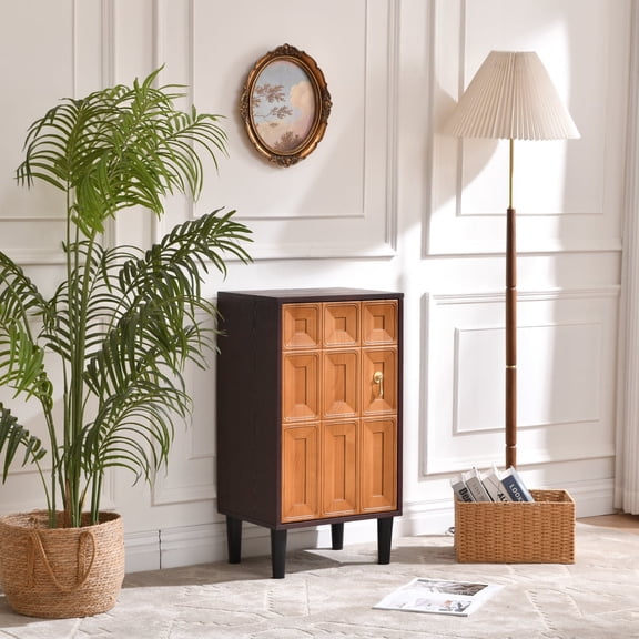 Mid-Century Modern Accent Cabinet, Narrow Storage Cabinet with Geometric Carved Door, Adjustable Shelf, Gold Handle and Raised Legs for Entryway, Living Room or Hallway