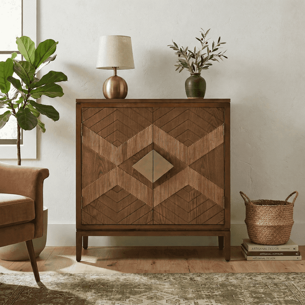 Inlay Doos Ahokua Mid-Century Modern Accent Cabinet with Geometric Inlay Doors, 2 ...