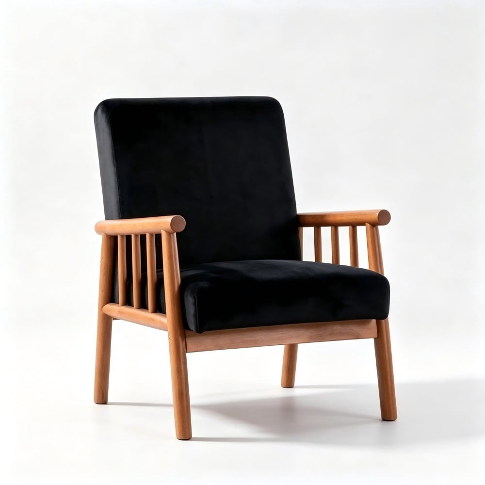 Mid Century Modern Accent Chair, 25" Wide Upholstered Armchair with Solid Wood Frame, Padded Seat & Arms, Black Velvet Lounge Chair for Living Room & Bedroom, Black