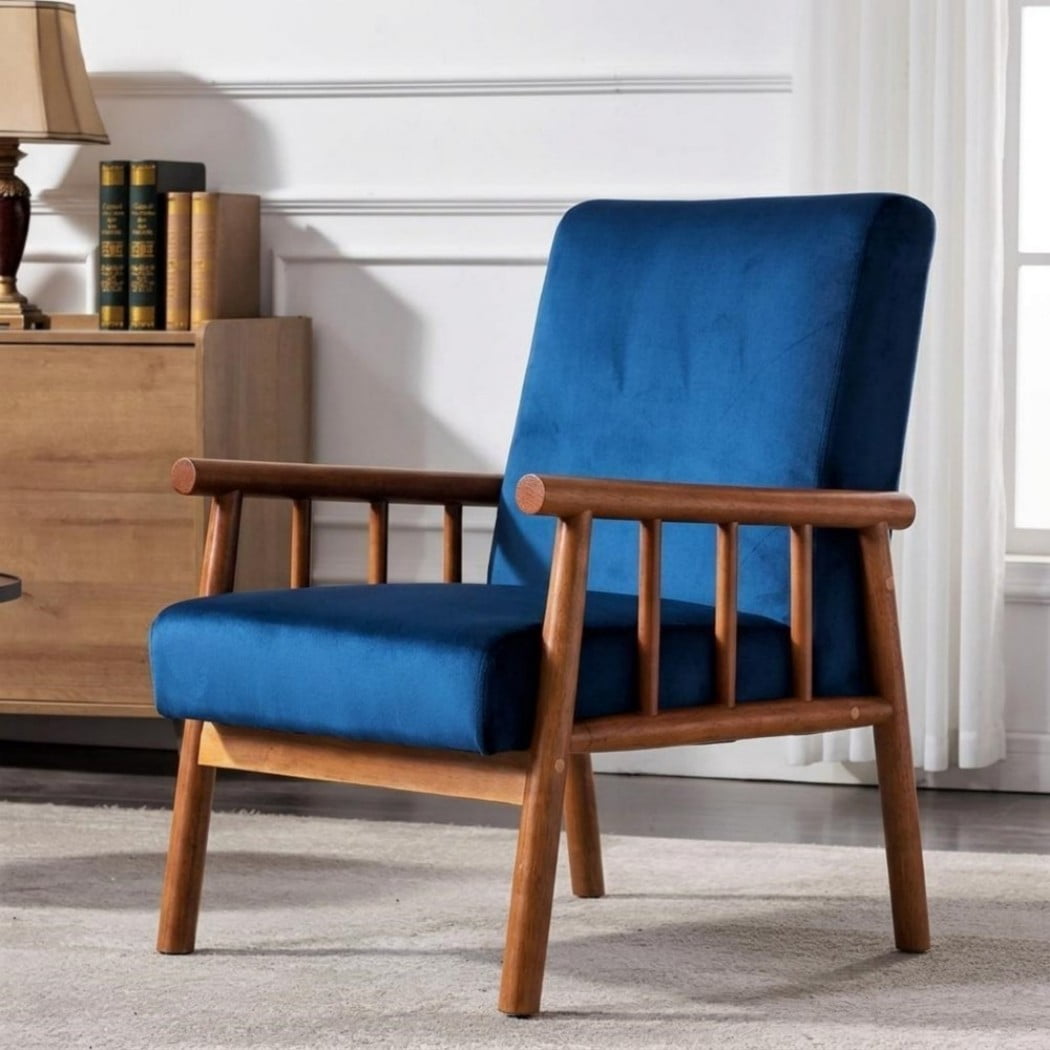 Mid Century Modern Accent Chair, 25" Wide Upholstered Armchair with Solid Wood Frame, Padded Seat & Arms, Black Velvet Lounge Chair for Living Room & Bedroom, Dark Blue