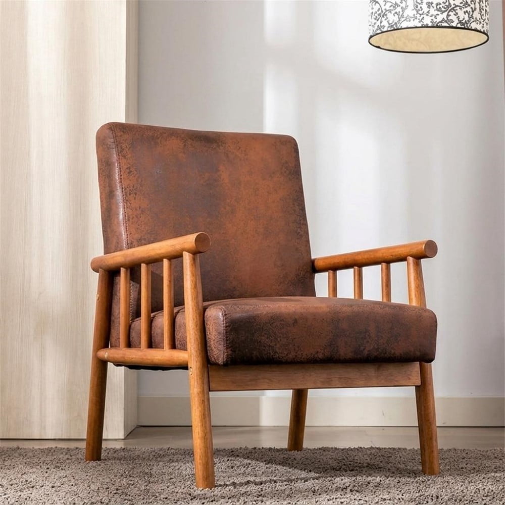 Mid Century Modern Accent Chair, 25" Wide Upholstered Armchair with Solid Wood Frame, Padded Seat & Arms, Dark Brown Lounge Chair for Living Room & Bedroom, Brown