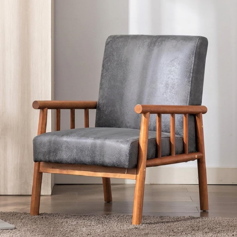 Mid Century Modern Accent Chair, 25" Wide Upholstered Armchair with Solid Wood Frame, Padded Seat & Arms, Dark Brown Lounge Chair for Living Room & Bedroom, Grey