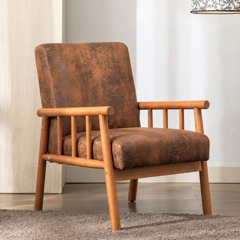 Mid Century Modern Accent Chair, 25" Wide Upholstered Armchair with Solid Wood Frame, Padded Seat & Arms, Dark Brown Lounge Chair for Living Room & Bedroom, Light Brown