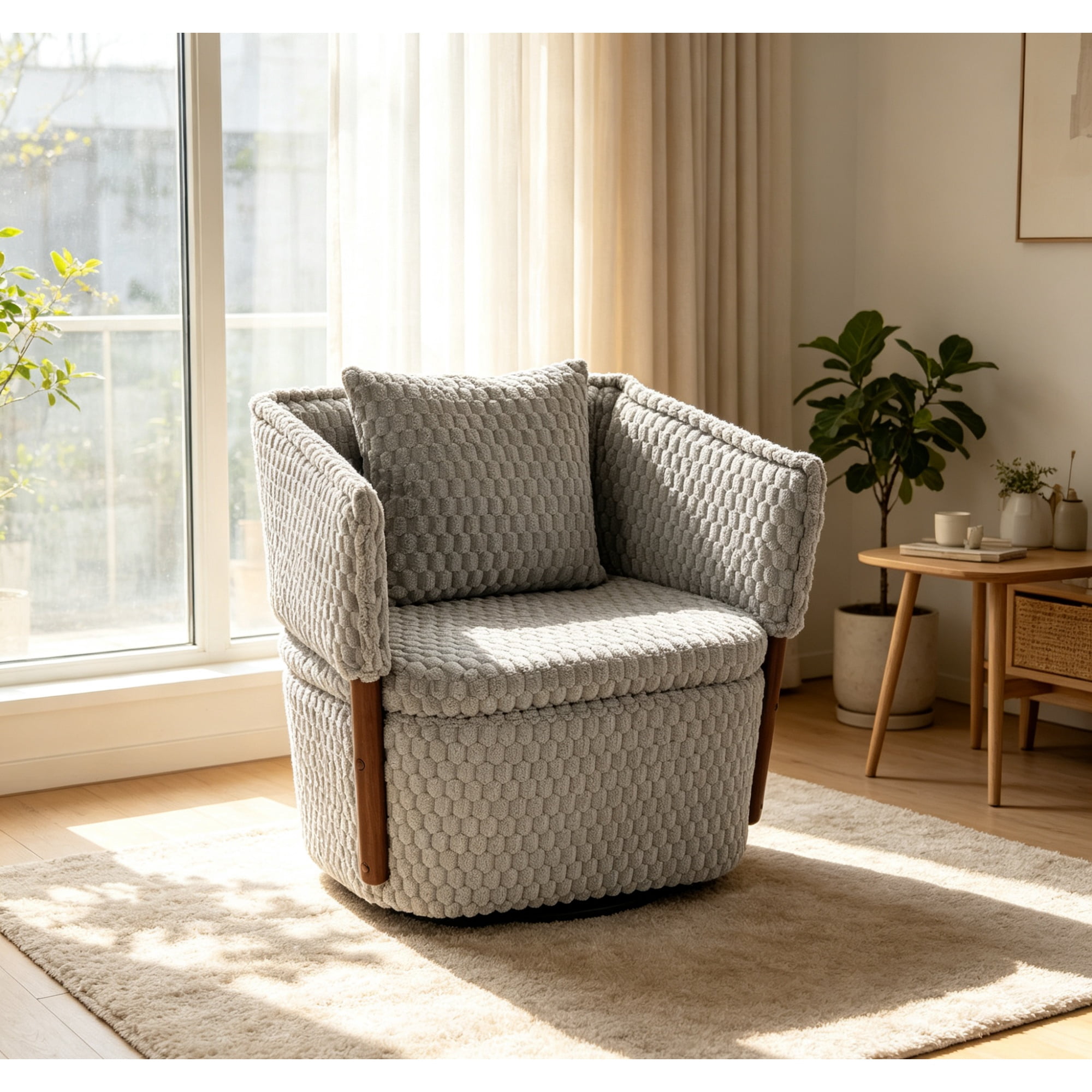 Mid Century Modern Accent Chair 29.52 Inch, Corduroy Upholstered Swivel Chair with Storage for Living Room Bedroom, Antique Grey