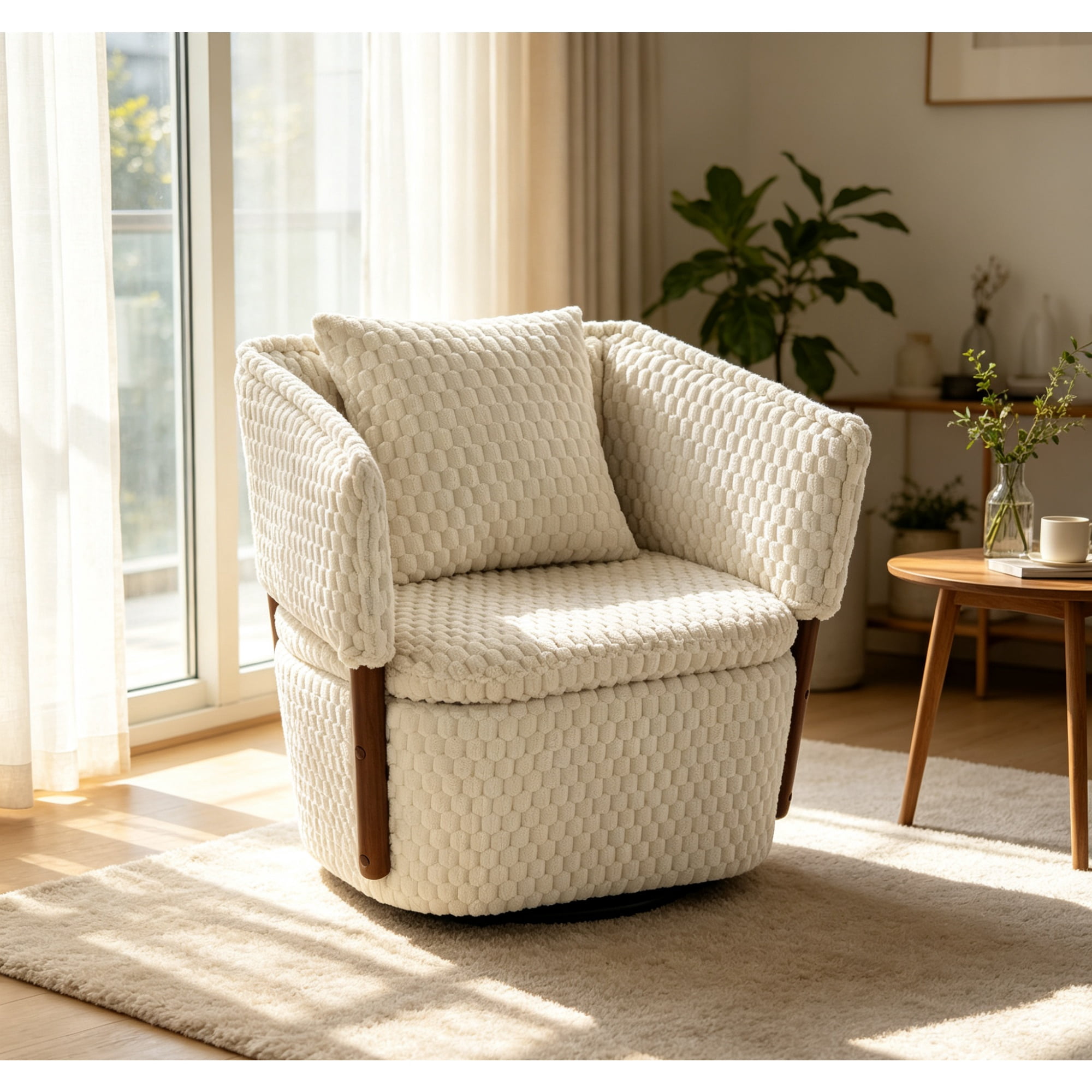 Mid Century Modern Accent Chair 29.52 Inch, Corduroy Upholstered Swivel Chair with Storage for Living Room Bedroom, Antique White