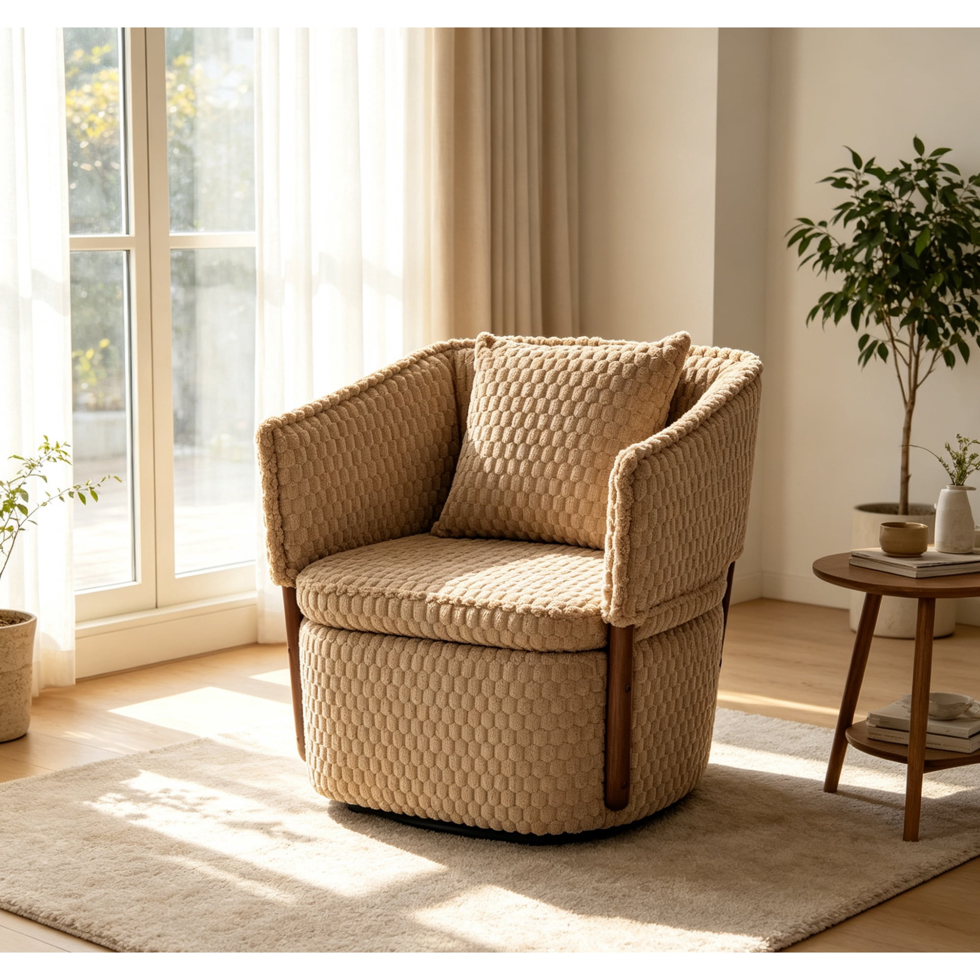 Mid Century Modern Accent Chair 29.52 Inch, Corduroy Upholstered Swivel Chair with Storage for Living Room Bedroom, Khaki