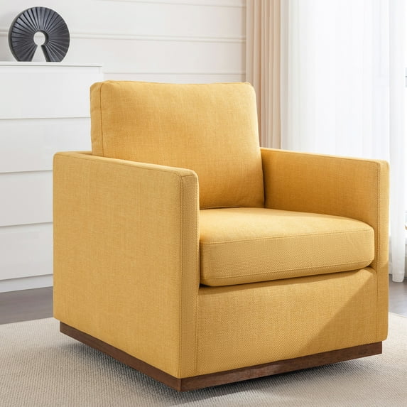 Mid Century Modern Accent Chair, 360 Degree Swivel Armchair with Thick Cushions , Linen Fabric Leisure Chair for Living Room, Bedroom, Guest Room, Office, Mustard Yellow