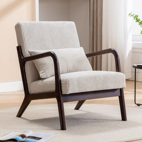 Mid Century Modern Accent Chair, Arm Chair Living Room Chairs with Lumbar Pillow Upholstered Lounge Reading Chair with Solid Wood Frame & Corduroy Fabrics for Living Room Bedroom (Beige)