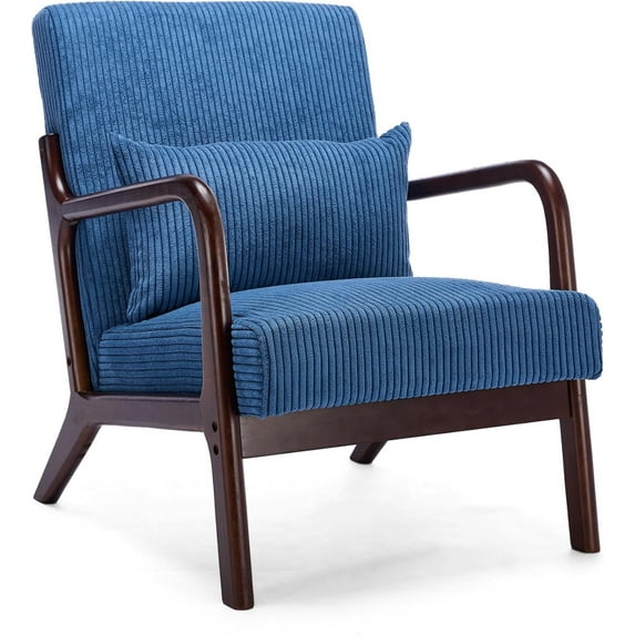Mid Century Modern Accent Chair, Arm Chair Living Room Chairs with Lumbar Pillow Upholstered Lounge Reading Chair with Solid Wood Frame & Corduroy Fabrics for Living Room Bedroom (Sapphire Blue)