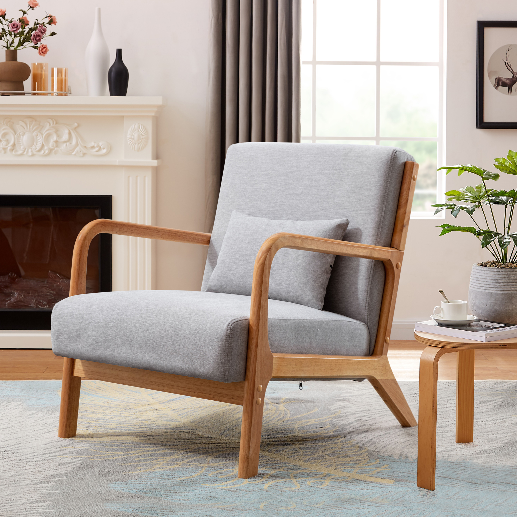 Mid Century Modern Accent Chair,Armchair with Solid Wood Frame,Grey ...