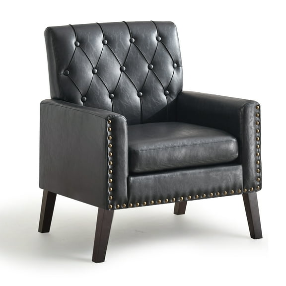 Mid Century Modern Accent Chair, Black Faux Leather Office Chair for Reception - Brown Leather Club Chair for Living Room, Bedroom, or Waiting Room