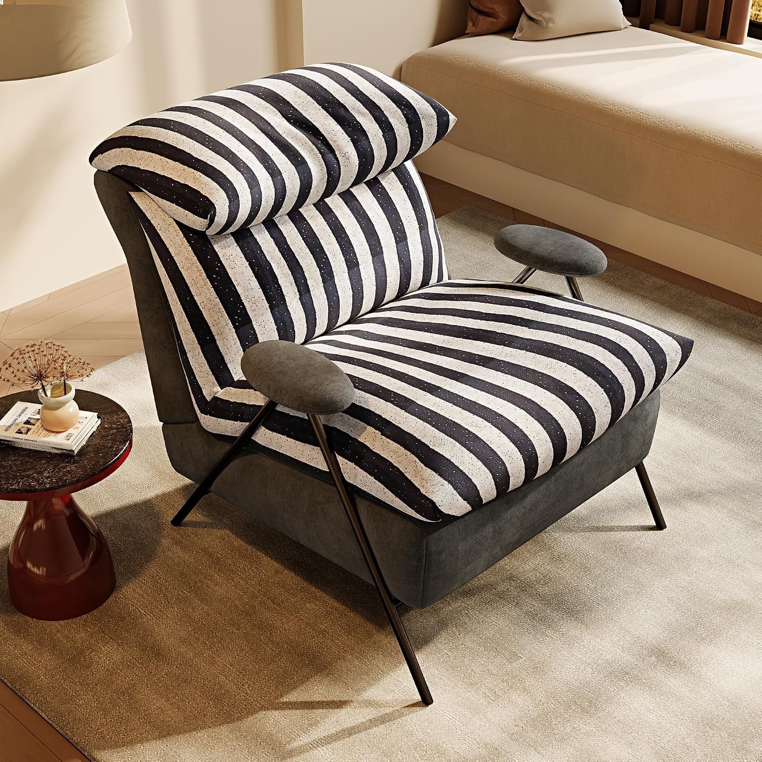 Mid Century Modern Accent Chair, Black and White Striped Reading Nook Chair,Balcony Chairs with Headrest, Armrest, Thicken Cushion, Comfy Chairs for Living Room, Bedroom & Small Space