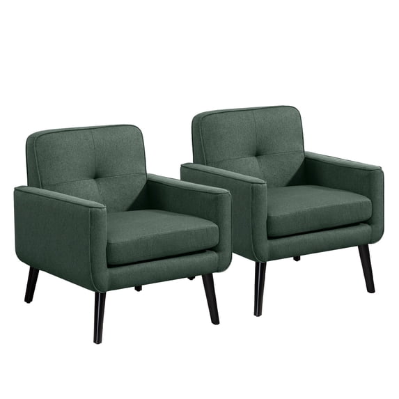 Mid Century Accent Chair Set of 2, Fabric Modern Chair with Wooden Frame, Cozy Armchair Reading Chair with Comfy Back for Apartment, Living Room, Bedroom, Waiting Room, Small Space, Corner(Green)