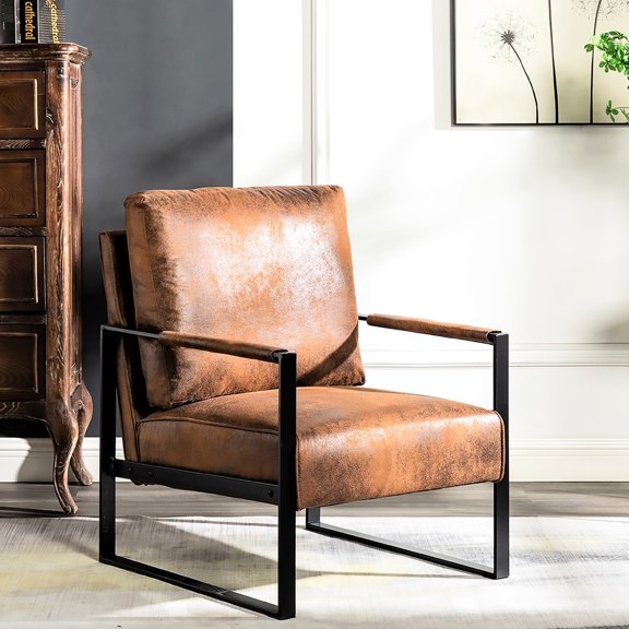 Mid Century Modern Accent Chair, Brown Spotted Microfiber, Reinforced Metal Frame For Bedroom Living Room Home Office Armchair Bedroom, Modern, Square With Microfiber