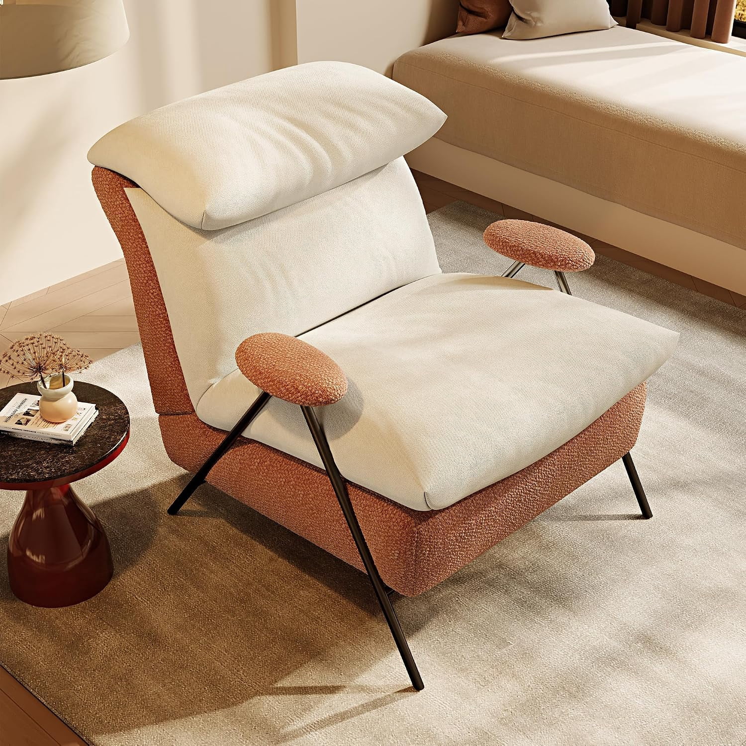 Mid Century Modern Accent Chair, Chenille Beige Reading Nook Chair,Balcony Chairs with Headrest, Armrest, Thicken Cushion, Comfy Chairs for Living Room, Bedroom & Small Space