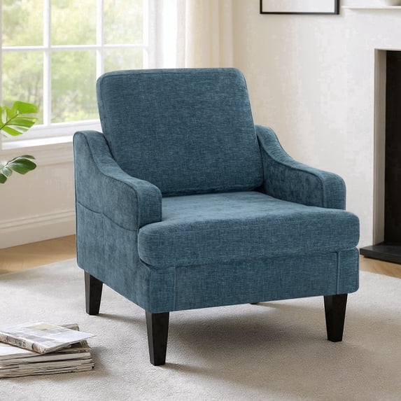 Mid Century Modern Upholstered Accent Chair with Armrests and Side Pocket, Chenille Fabric, Solid Wood Legs, Comfy Reading Seat for Living Room, Bedroom,Blue