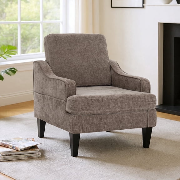 Mid Century Modern Accent Chair,Chenille Fabric Armchair,Single Sofa Chair,Upholstered Chair with Wood Legs,Brown