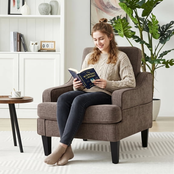 GAOHAPY Mid Century Modern Accent Chair, Upholstered Single Sofa with Wood Legs, Cozy Reading Armchair with Side Pockets, Comfy Side Chair for Living Room, Bedroom, Study, Apartment(Brown)