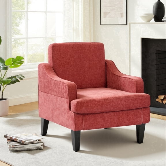 Mid Century Modern Upholstered Accent Chair with Armrests and Side Pocket, Chenille Fabric, Solid Wood Legs, Comfy Reading Seat for Living Room, Bedroom, Orange