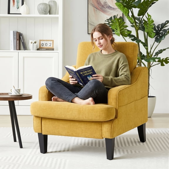 GAOHAPY Mid Century Modern Accent Chair, Upholstered Single Sofa with Wood Legs, Cozy Reading Armchair with Side Pockets, Comfy Side Chair for Living Room, Bedroom, Study, Apartment(Yellow)