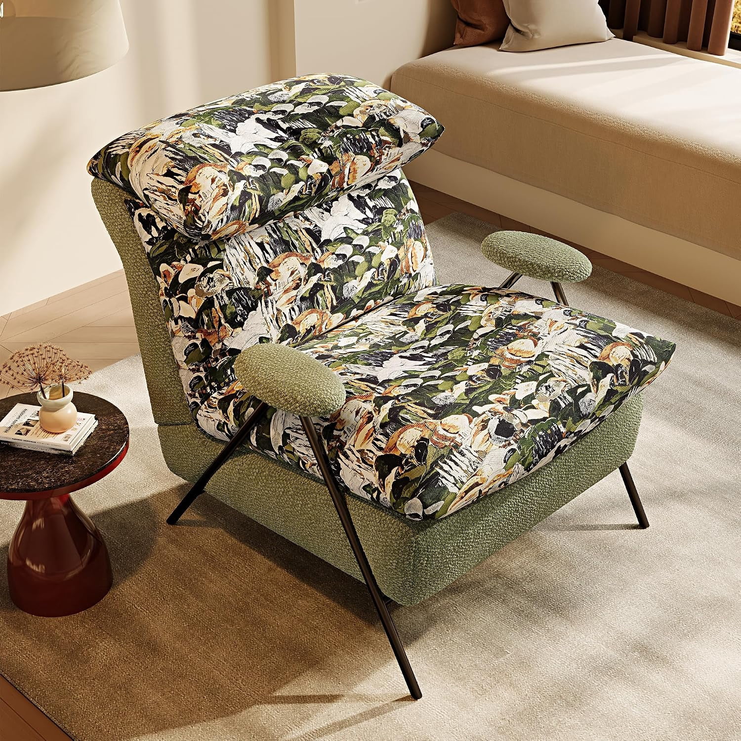 Mid Century Modern Accent Chair, Chenille Floral Print Reading Nook Chair,Balcony Chairs with Headrest, Armrest, Thicken Cushion, Comfy Chairs for Living Room, Bedroom & Small Space