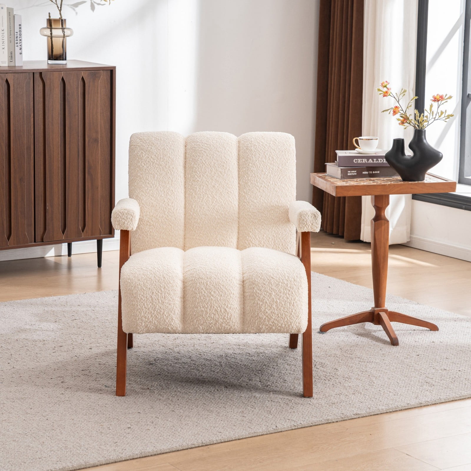 Mid-Century Modern Accent Chair Cloud-Shaped Chenille Lounge Armchair with Solid Oak Wood Frame, Upholstered Reading Chair for Living Room Bedroom Balcony, Beige