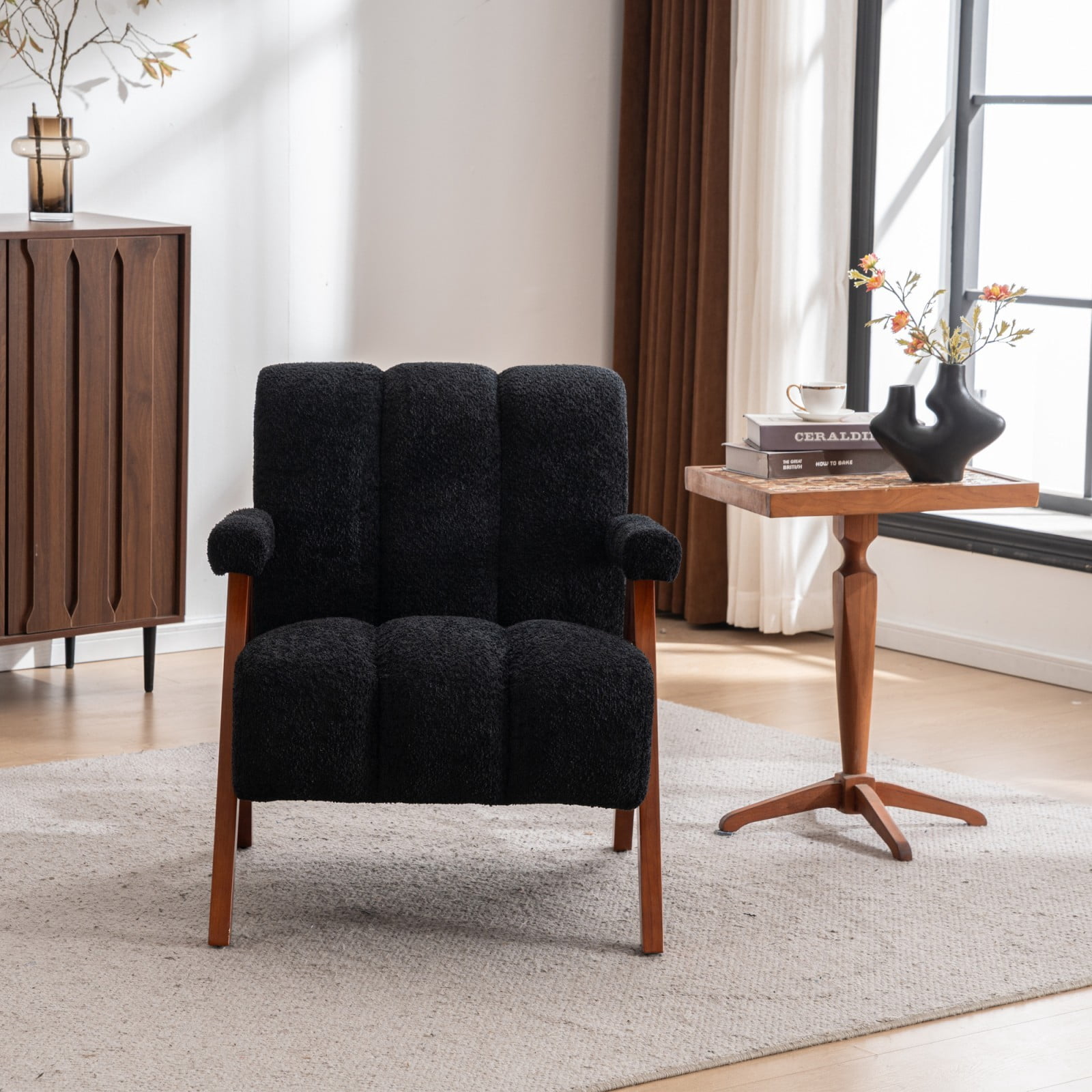 Mid-Century Modern Accent Chair Cloud-Shaped Chenille Lounge Armchair with Solid Oak Wood Frame, Upholstered Reading Chair for Living Room Bedroom Balcony, Black