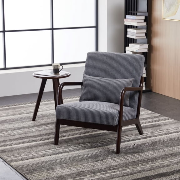 Mid-Century Modern Accent Chair & Coffee Table Set - Antique Dark Grey Chair & Walnut Coffee Table | Rubberwood Frame | Living Room & Bedroom Relaxation