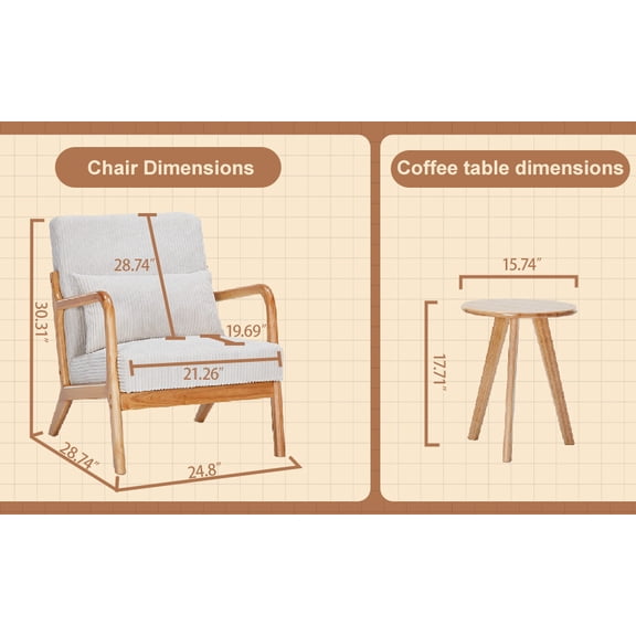 Mid Century Modern Accent Chair And Coffee Table Set, Vintage Luxury Style With Antique Dark Gray Lounge Chair And Natural Wood End Table For Living Room Or Bedroom