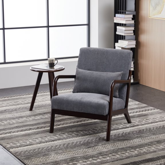 Mid-Century Modern Accent Chair&Coffee Table Set,Vintage Luxury Style, Leisure Chair(Antique Dark Gray)& coffee table (Walnut-Tone), suitable for living rooms and bedroom relaxation areas