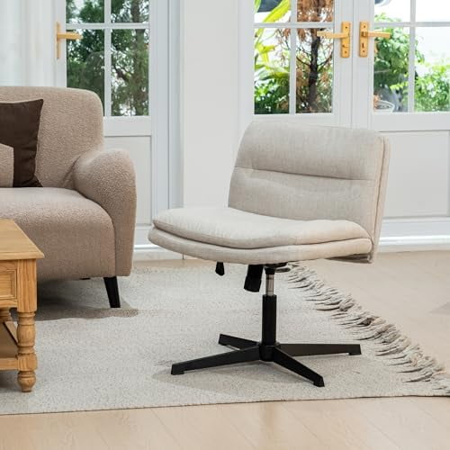 Mid Century Modern Accent Chair, Ergonomic Upholstered Swivel Office Chair Vanity Chair with Adjustable Height for Home Office Living Room, No Wheels, Beige$$Furniture