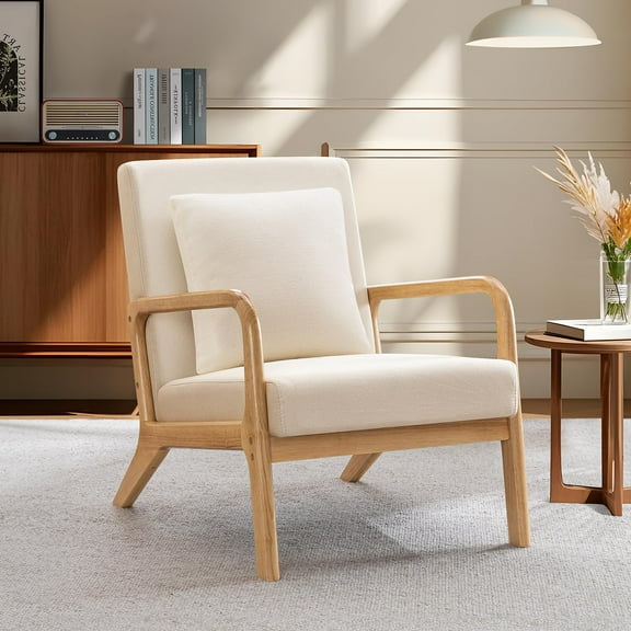 JULY'S SONG Mid Century Modern Accent Chair with Pillow, Linen Upholstered Reading Chair with Wood Frame, 25.6" W Arm Chairs in Living Room,White