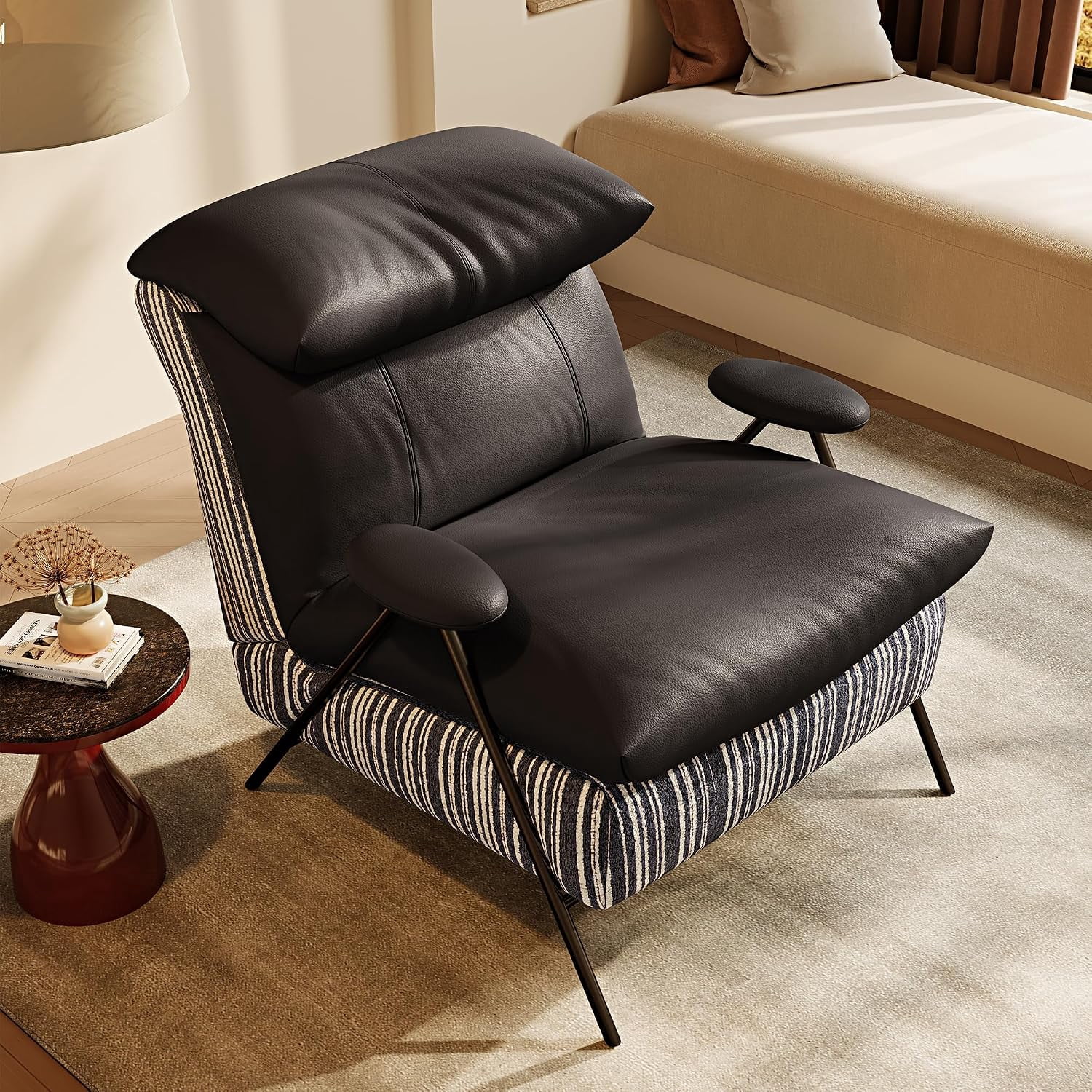 Mid Century Modern Accent Chair, Faux Leather Black Reading Nook Chair,Balcony Chairs with Headrest, Armrest, Thicken Cushion, Comfy Chairs for Living Room, Bedroom & Small Space