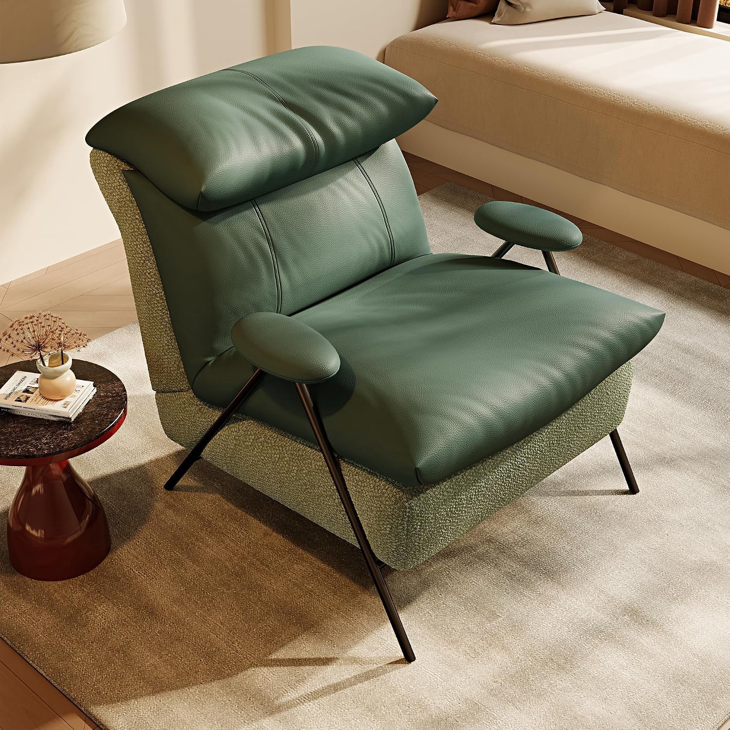 Mid Century Modern Accent Chair, Faux Leather Green Reading Nook Chair,Balcony Chairs with Headrest, Armrest, Thicken Cushion, Comfy Chairs for Living Room, Bedroom & Small Space