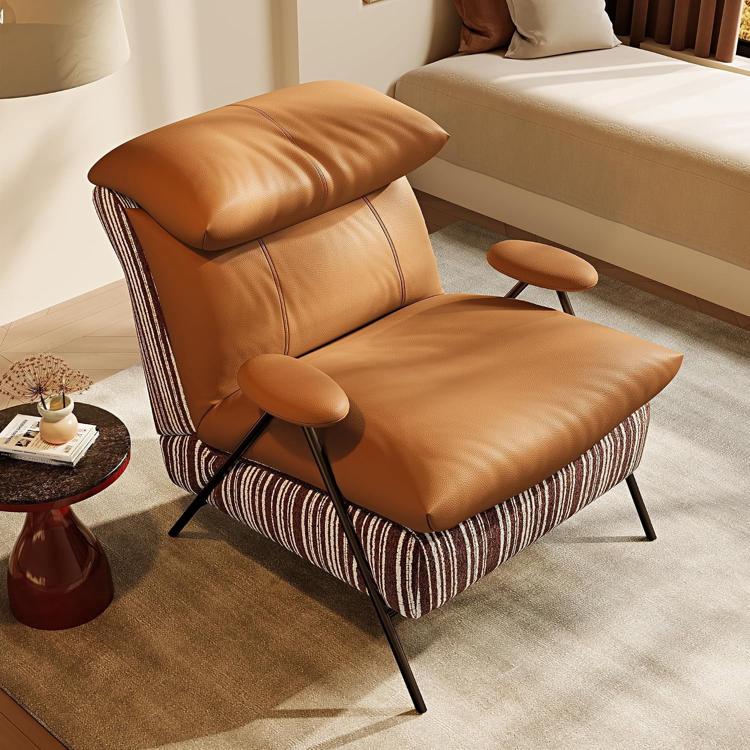 Mid Century Modern Accent Chair, Faux Leather Orange Reading Nook Chair,Balcony Chairs with Headrest, Armrest, Thicken Cushion, Comfy Chairs for Living Room, Bedroom & Small Space