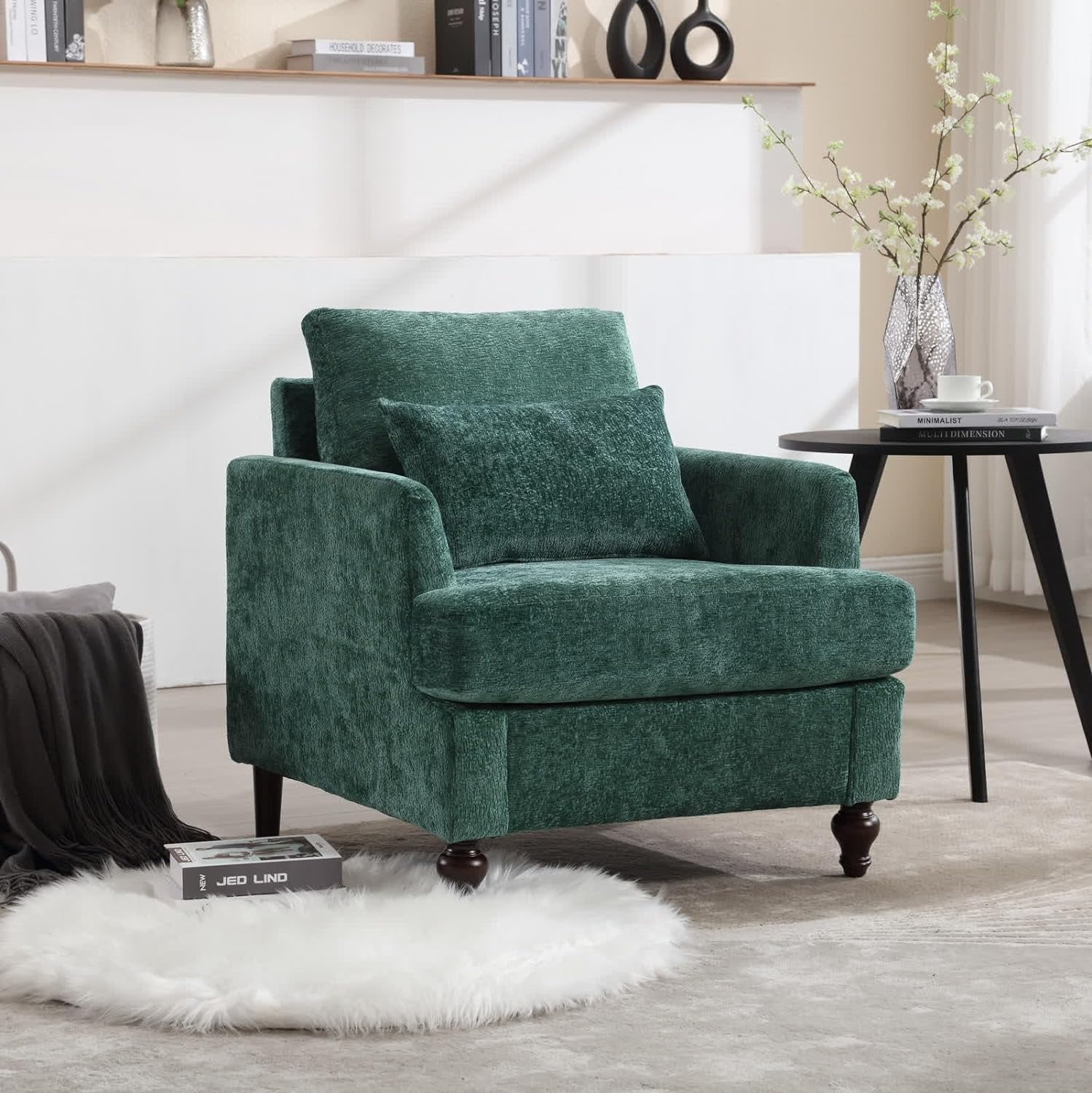 Mid Century Modern Accent Chair, Green Single Sofa Chair, Chenille