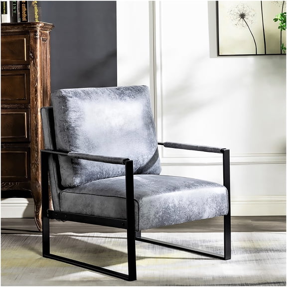 Mid Century Modern Accent Chair, Grey Microfiber Upholstered Armchair with Square Metal Frame for Living Room, Bedroom, Home Office