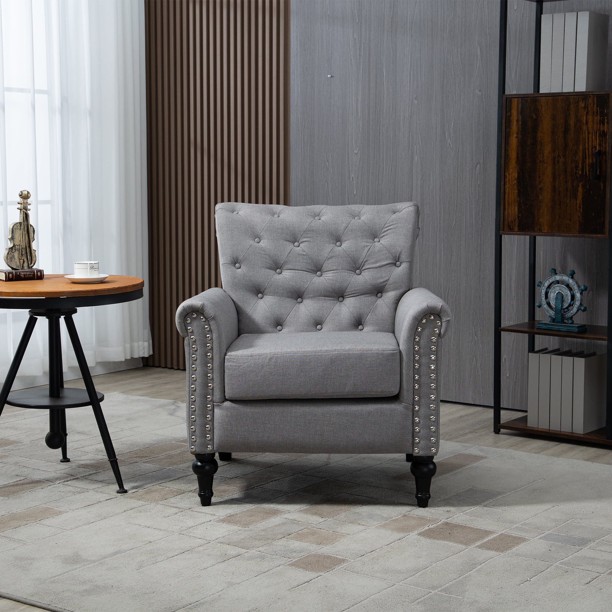 Gray Velvet Tufted Back Mid-Century Modern Armchair