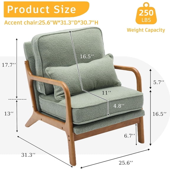 Mid-Century Modern Accent Chair, Lounge Reading Armchair with Comfy Cushion & Lumbar Pillow & Solid Wood Frame for Living Room,Bedroom,Guest Room,Sherpa Fabric,Mint Green$$Furniture