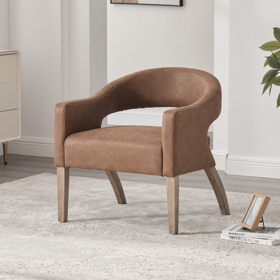 Mid Century Modern Accent Chair with Open Back Design and Weathered Rubberwood Legs, Upholstered Barrel Dining Chair for Living Room Bedroom or Cafe, Brown